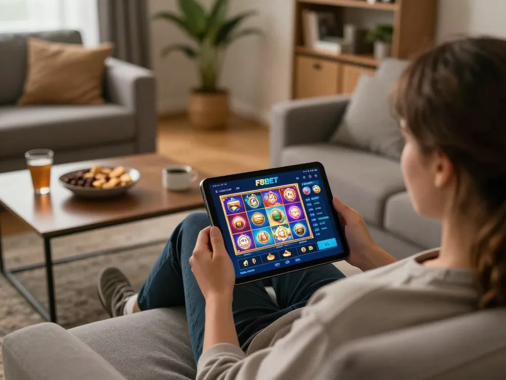 Engage with exciting F8BET gameplay on a cozy sofa, showcasing vibrant online slot games