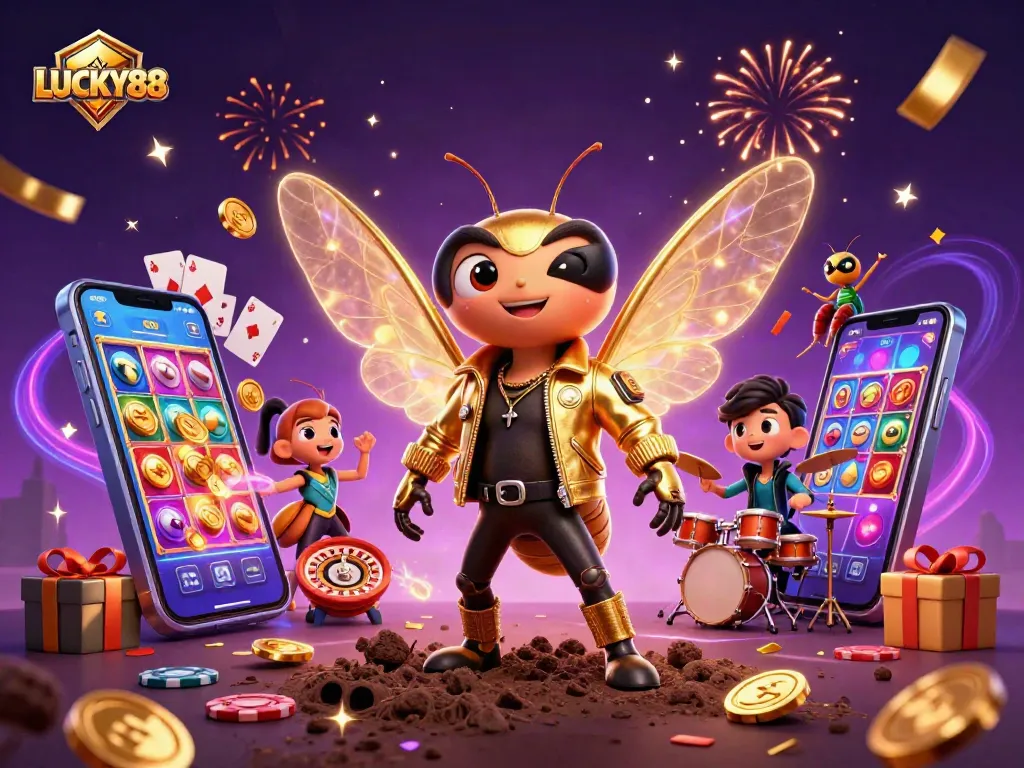 Experience LUCKY88 excitement with a vibrant casino-themed 3D illustration bursting with game elements.