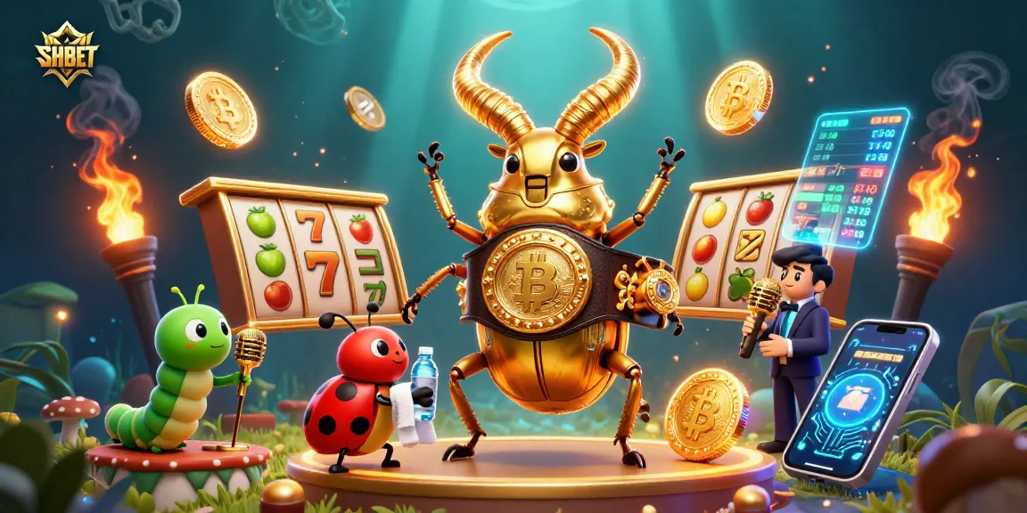 Experience SHBET's thrilling casino adventure with a golden stag beetle champion and vibrant slot elements.