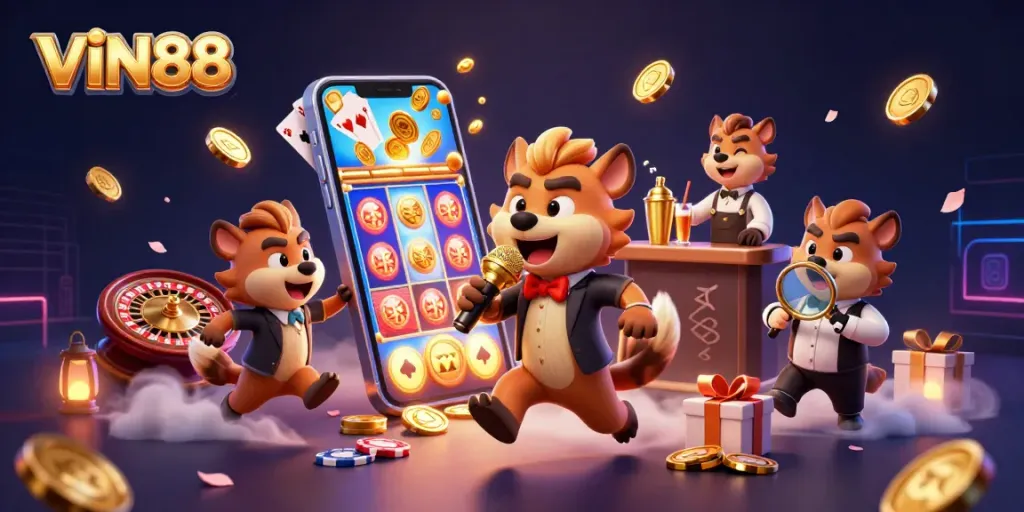 Experience thrilling fun with VIN88 as cartoon hyenas entertain in a vibrant casino setting.