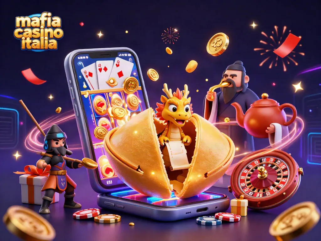 Immerse in the world of mafia casino italia with a dynamic 3D scene featuring fortune elements and slot games.