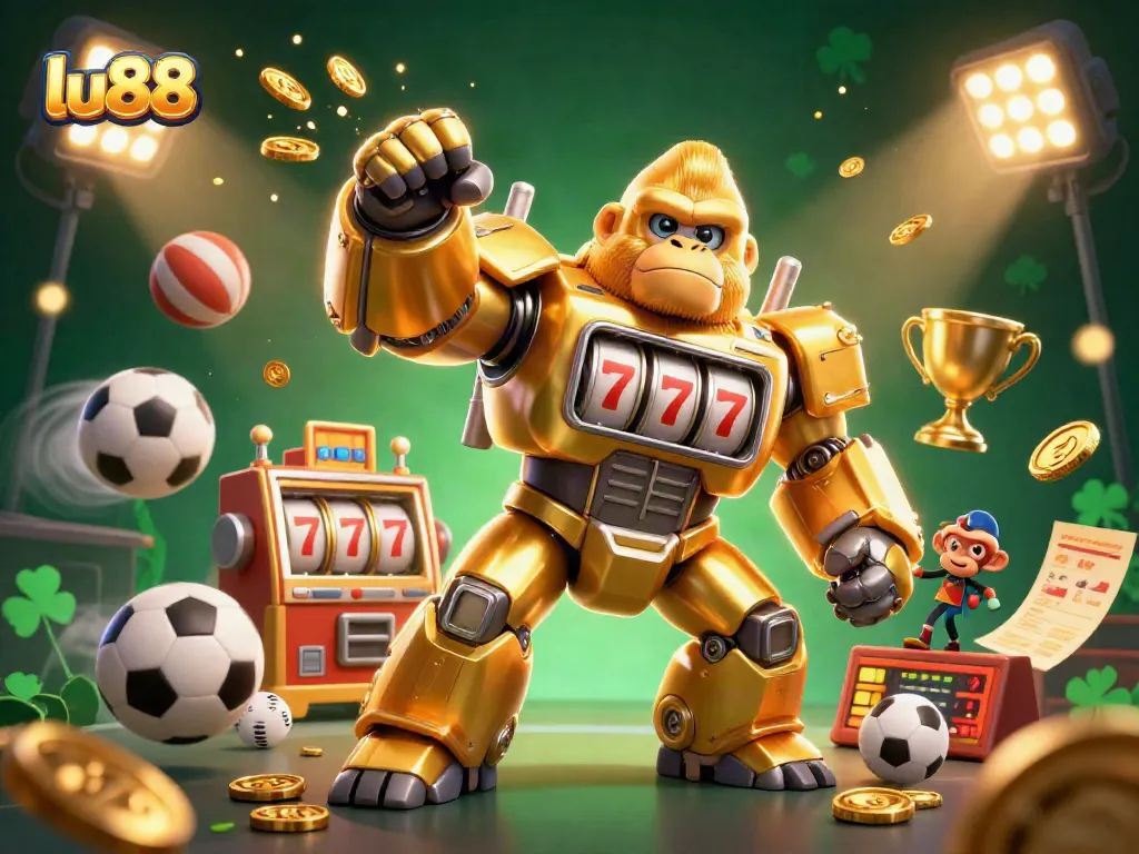Experience thrilling action at lu88 with a dynamic scene of a transformer-style golden gorilla mech celebrating wins.