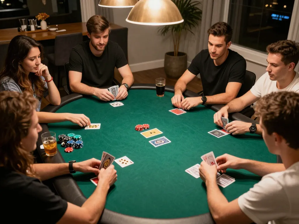 Players engaging in a thrilling poker game at home, cm88z chips displayed strategically.
