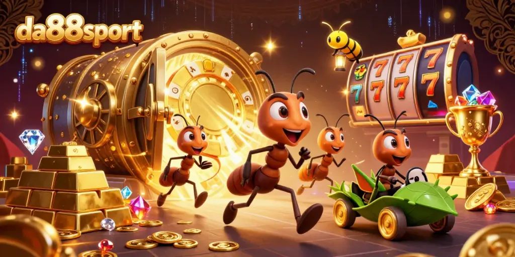 Join the heist adventure with da88sport as ants carry a massive poker chip among treasures and slot elements.