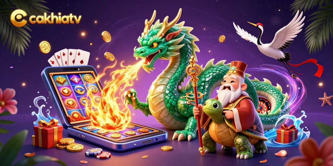 Cakhiatv features a dynamic scene showcasing a jade dragon and turtle sage amidst colorful slot game elements, creating an engaging gambling experience.