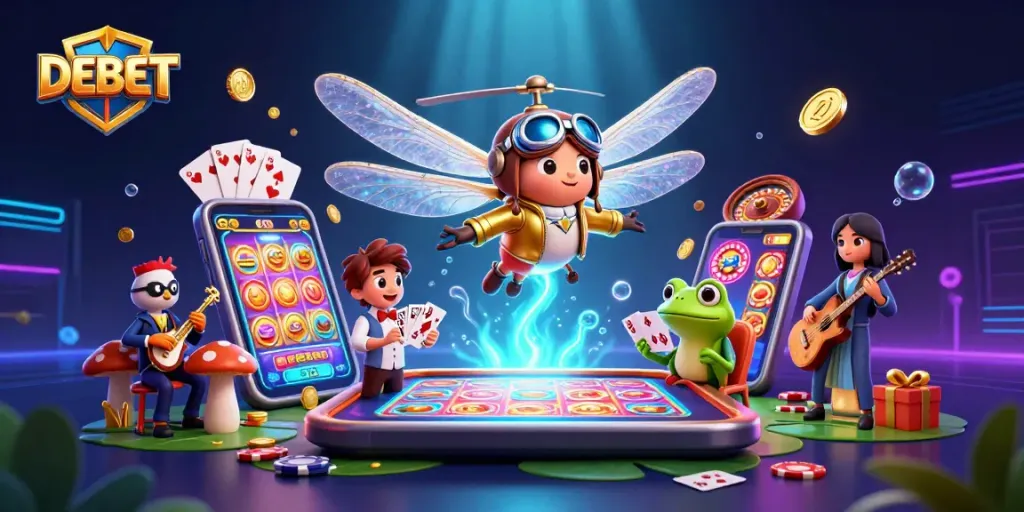 Experience DEBET's vibrant casino world with a dragonfly pilot and frog dealer surrounded by fortune elements.