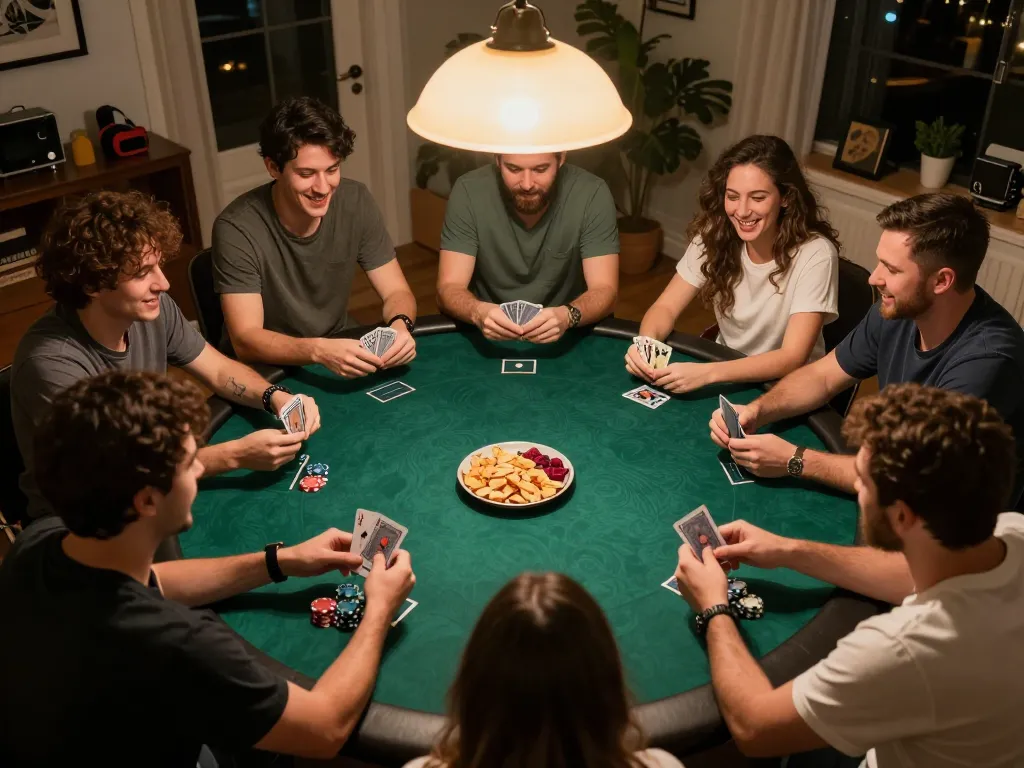 Players enjoying a lively poker game at home, capturing the essence of open88c's gaming community and excitement