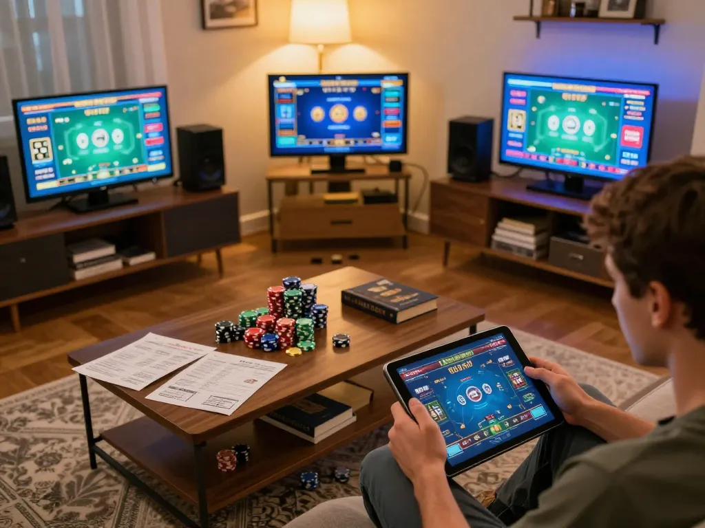 Engaged in tg88 casino online game with tablet at home, showcasing vibrant gameplay and strategic notes