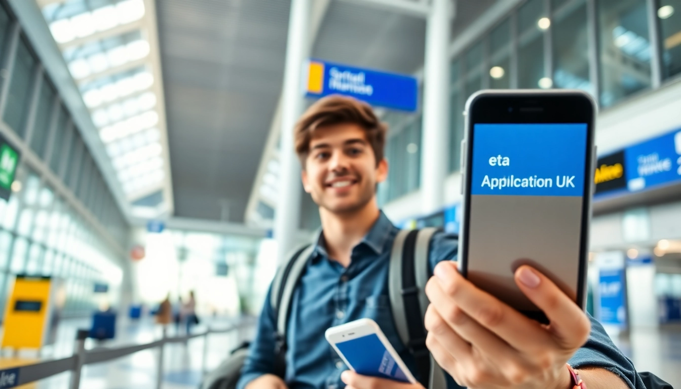 Apply for the eta application uk with ease at a modern airport terminal, featuring a young traveler.
