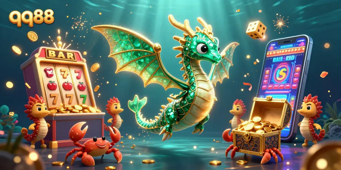 Engage with qq88's vibrant underwater casino scene featuring a majestic sea dragon and treasures.