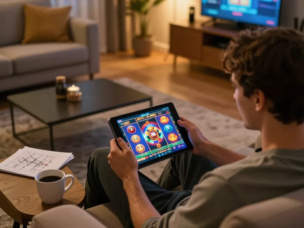 Player engaging in a 99OK online casino game on a tablet in a cozy living room setting.