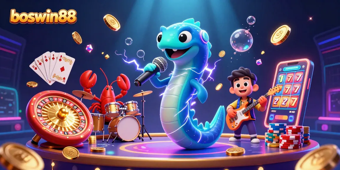 Bermain dengan boswin88, ilustrasi kasino bawah laut 3D menampilkan ikan belut DJ, drummer lobster, dan gitaris kuda laut.