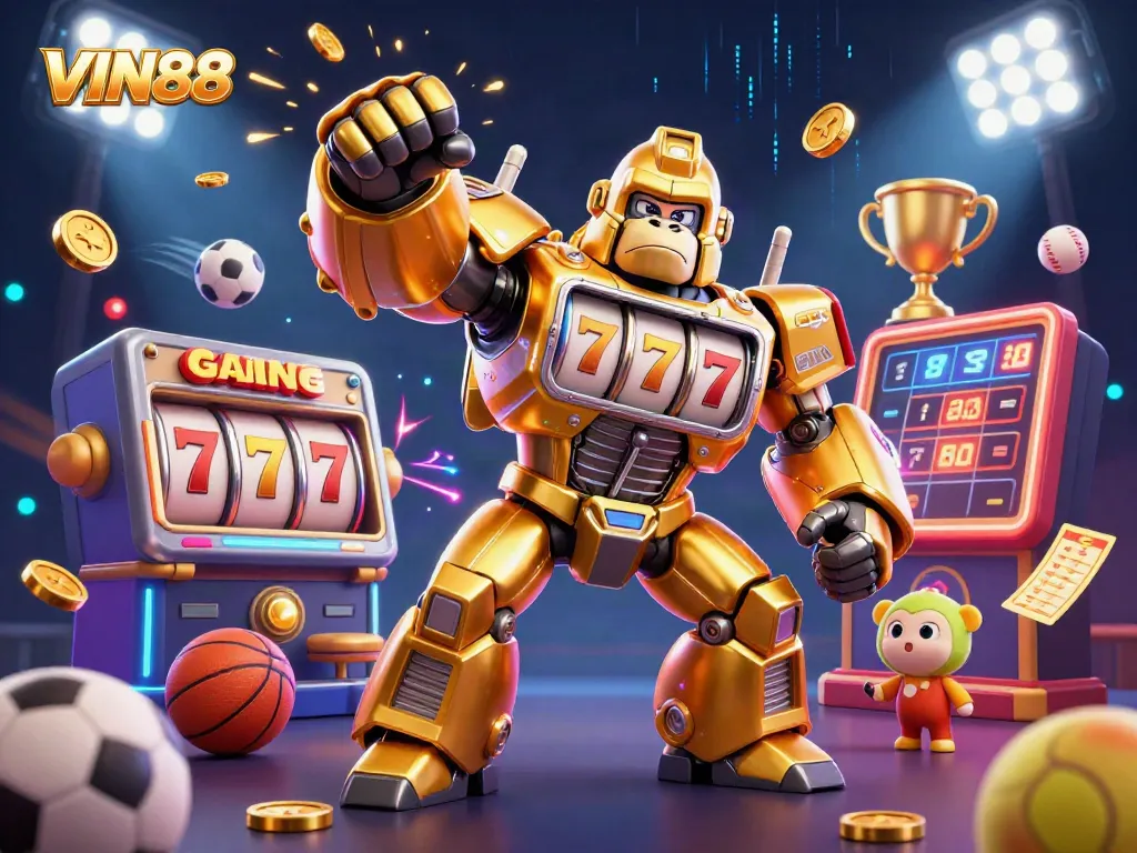 Experience thrilling wins with VIN88's dynamic gaming universe illustrated in a vibrant scene.