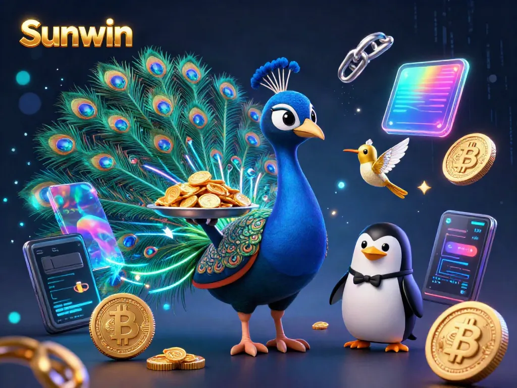 Experience the vibrant energy of Sunwin, featuring playful characters amidst floating cryptocurrencies and gaming elements.
