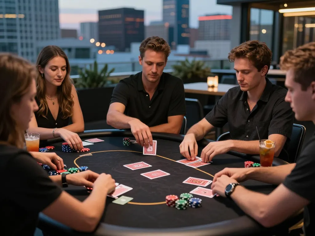 Players engaging in an intense poker game at a rooftop casino, showcasing VIN777's luxury gaming atmosphere.