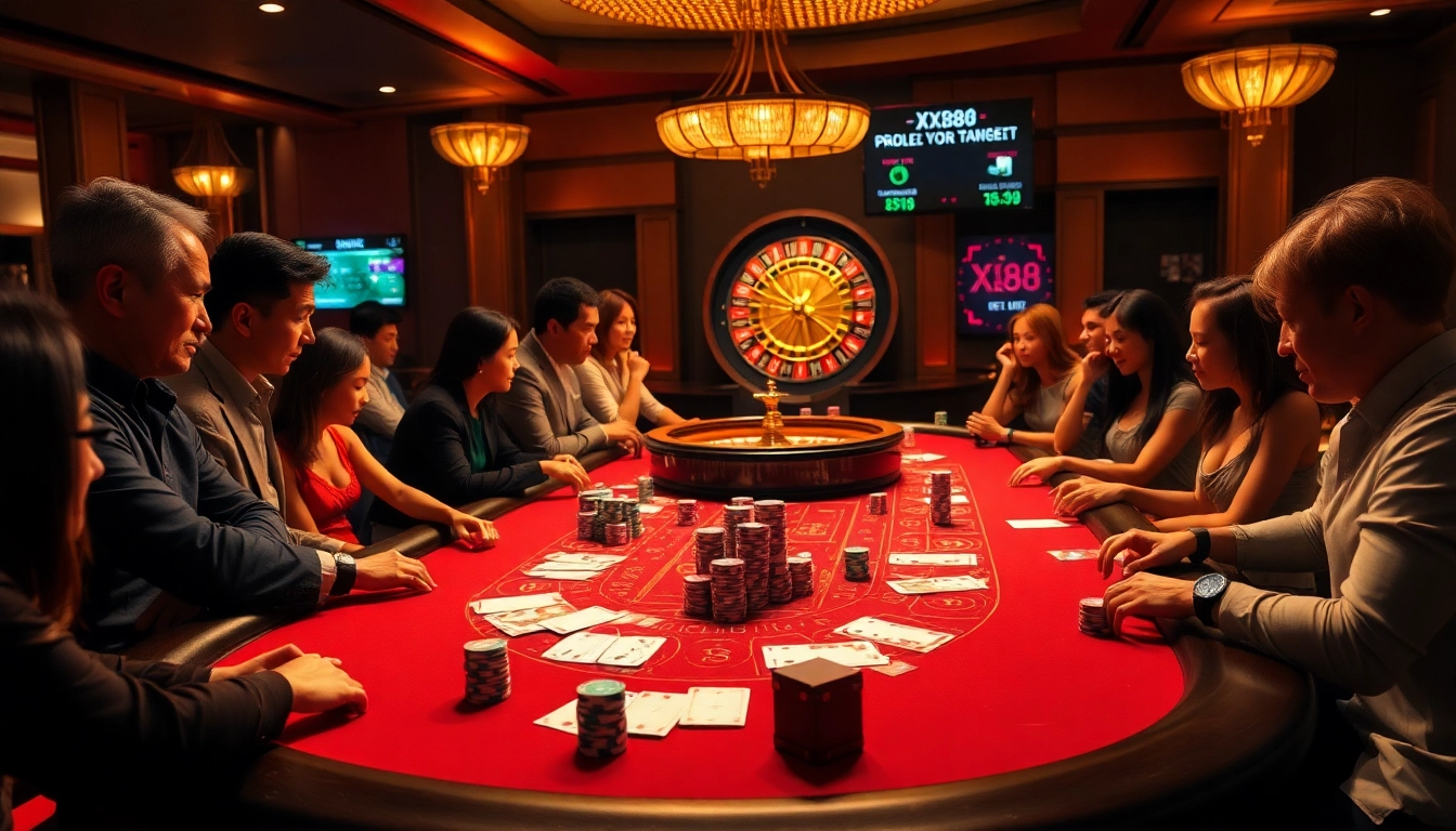 Intense Baccarat gameplay scene at XX88, showcasing chips and cards in a dynamic casino atmosphere.