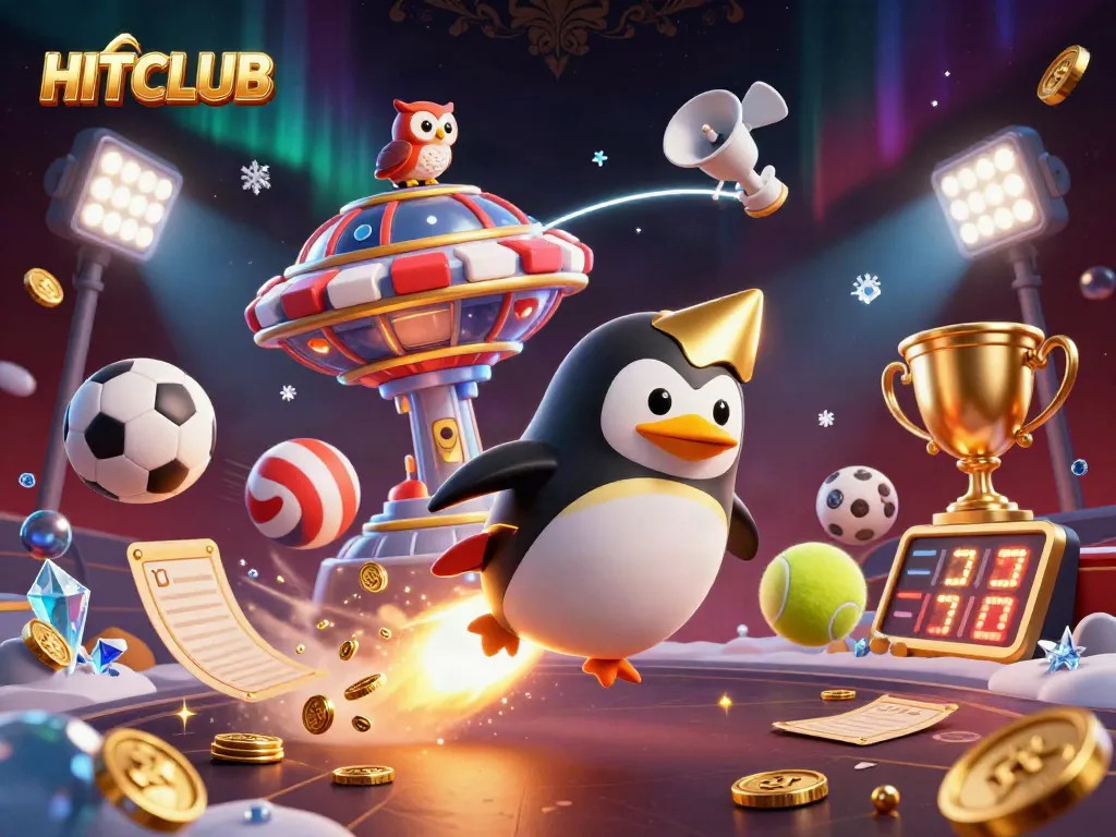 HitCLUB experience with a dynamic golden penguin and casino elements, illustrating exciting gambling action.
