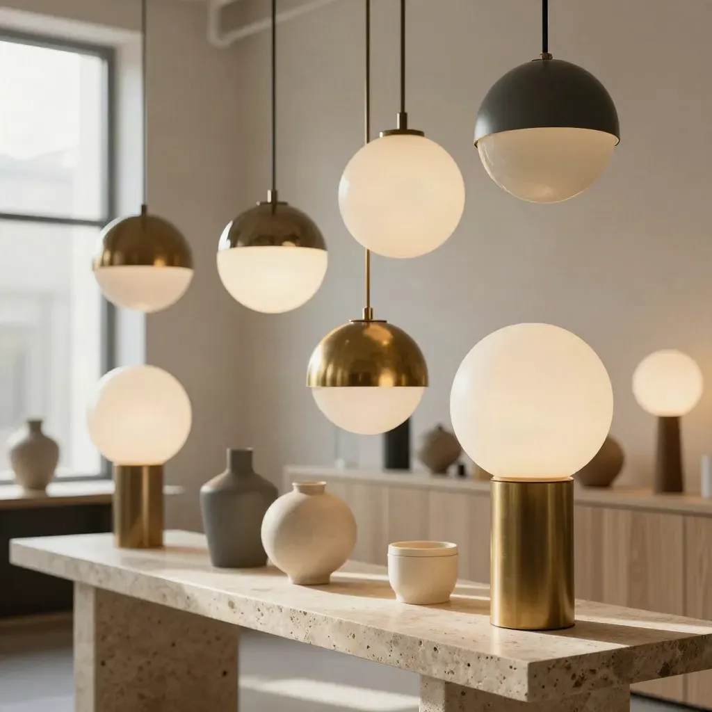 Lampade da showroom su console in travertino, con sospensioni e testine per binario sotto luce morbida