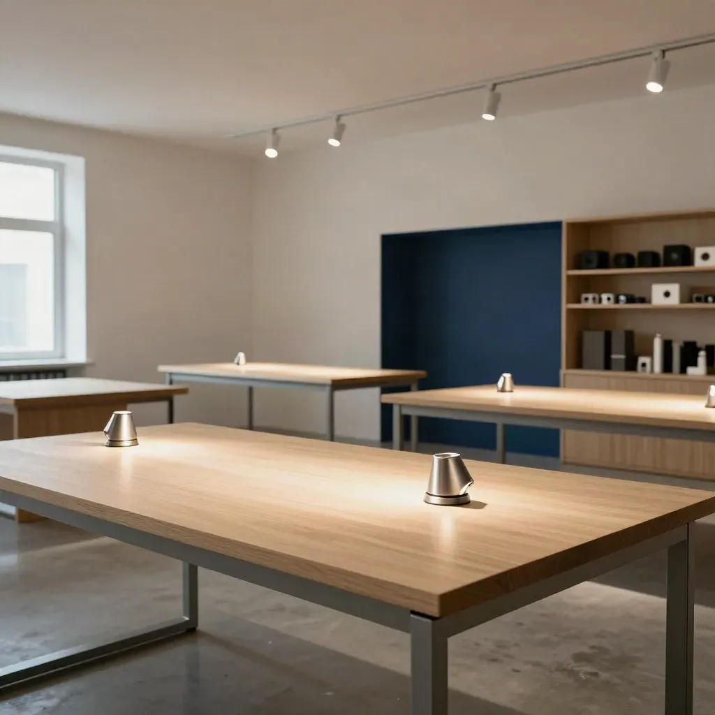 Studio professionale luminoso con tavoli chiari, faretti direzionali e pareti neutre.