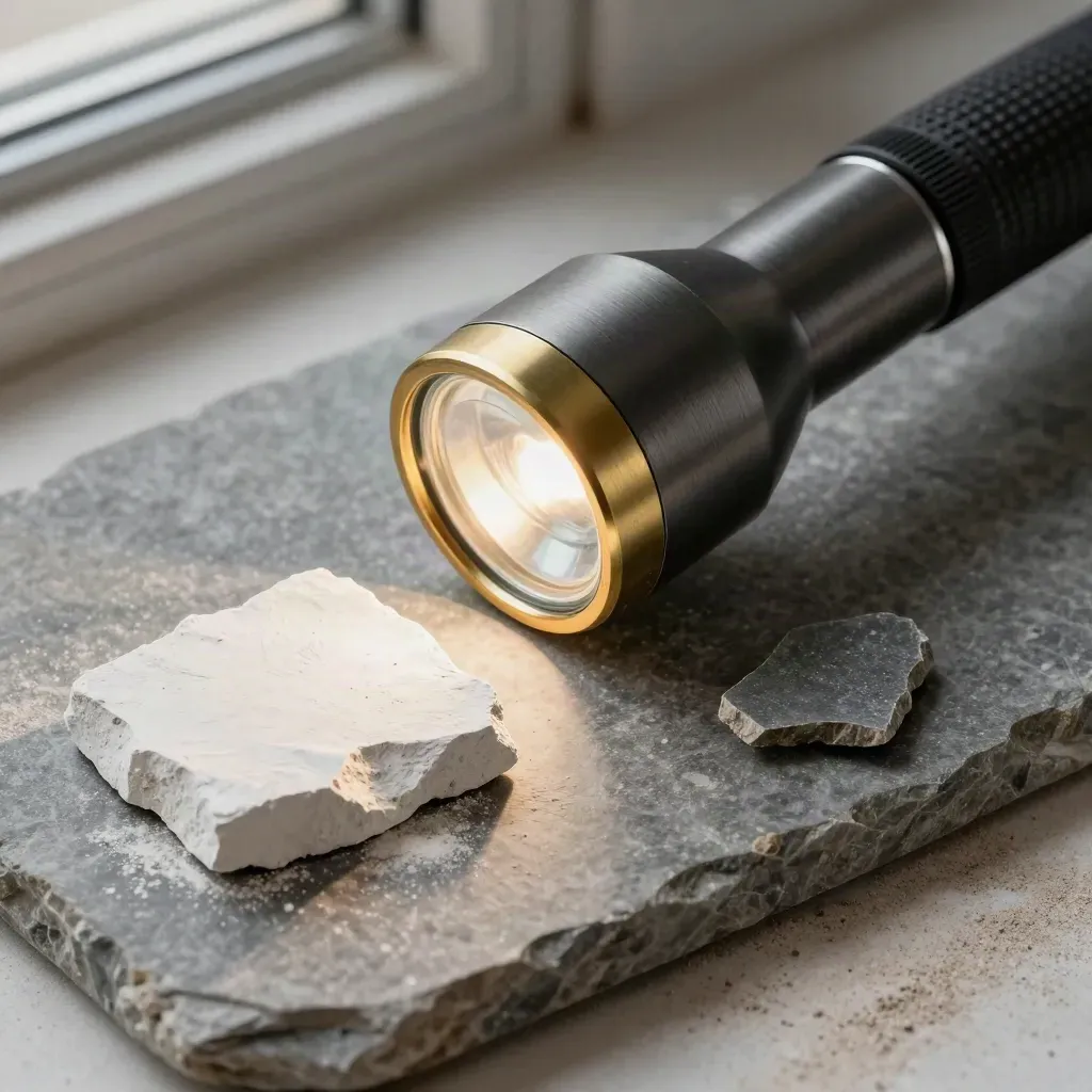 Torcia d’ispezione, campione di intonaco e ghiera in ottone su pietra, con luce radente morbida.