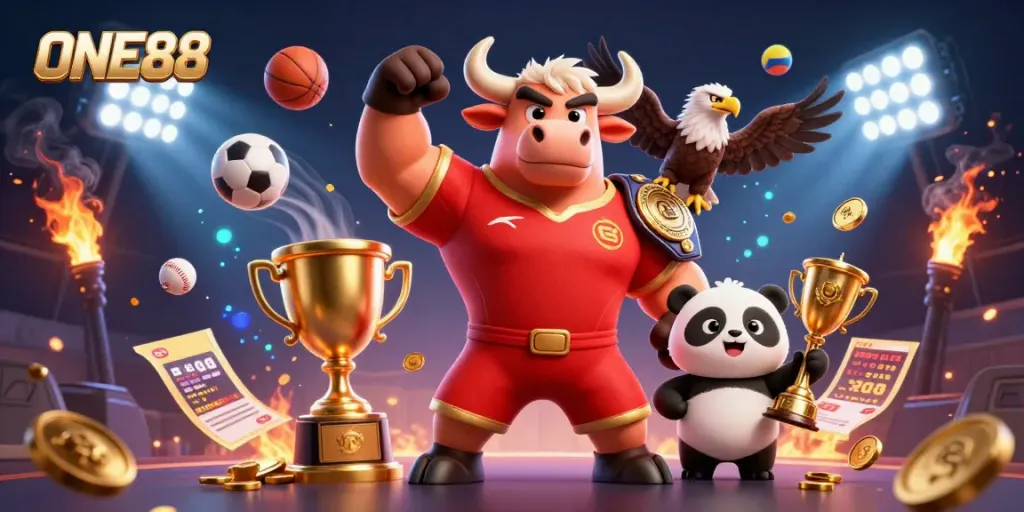 Engage with the excitement of ONE88 through dynamic characters, vibrant elements, and thrilling sports betting action.