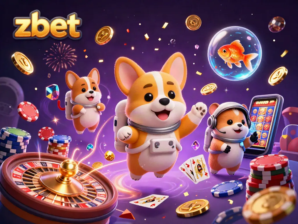 Immerse in zbet's captivating casino scene featuring playful characters, games, and golden rewards.