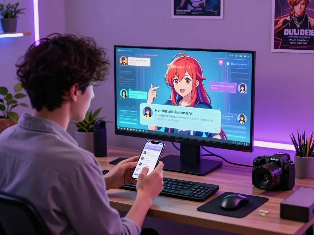 Interactive Hentai AI chat scene showing user engaging with vibrant anime character through modern chat interface.