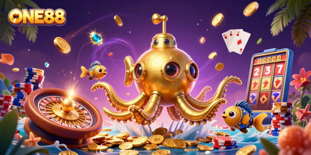 Engage in thrilling gameplay at ONE88 with a vibrant 3D underwater casino scene showcasing winning elements.