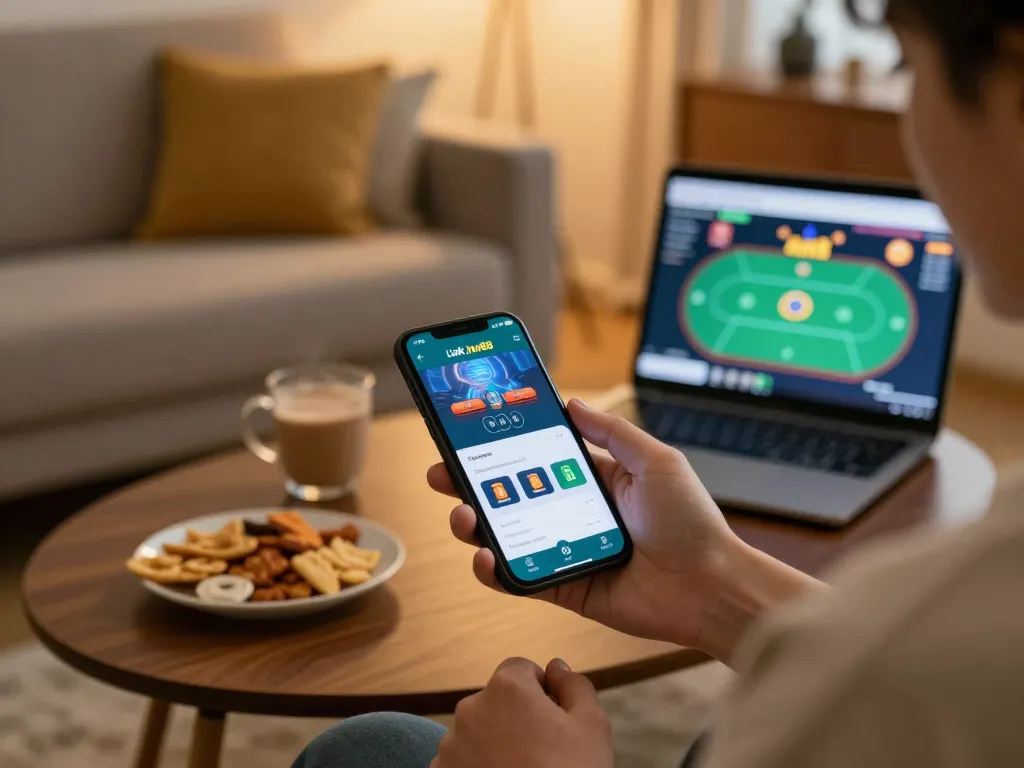 Engaged user accessing the Link Jun88 app for mobile gambling in a cozy home setting