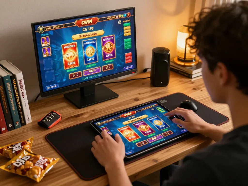 CWIN online gaming experience with a player engaged in tablet gameplay at home, showcasing vibrant game graphics and a cozy ambiance.