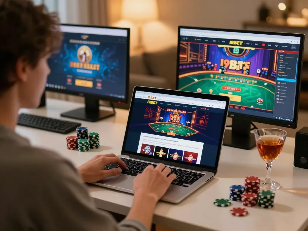 I9BET online gaming setup showcasing a player engaging with various casino games at home