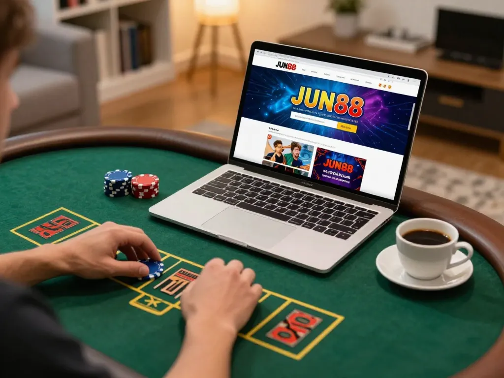 Player engaging with Jun88 online casino platform for an exciting poker game.