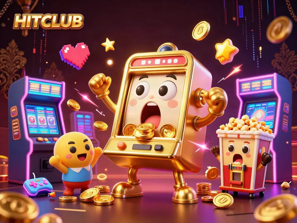 HITCLUB's golden slot machine hits a jackpot, surrounded by cheering machines and glowing game elements.