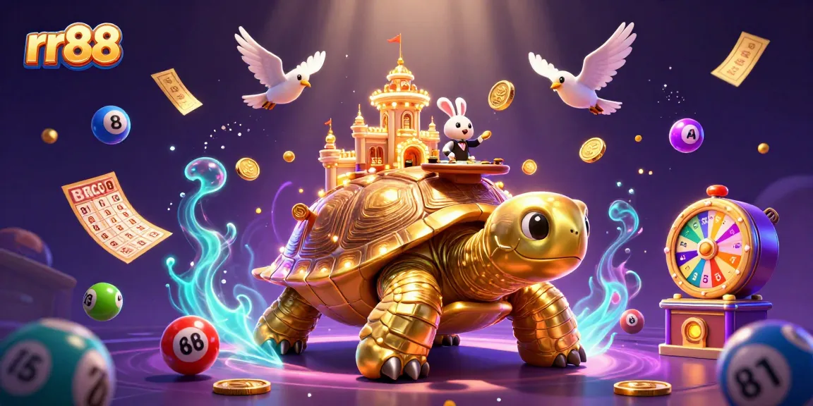 Experience exciting wins at rr88 with a vibrant scene featuring a golden tortoise casino and dynamic game elements.