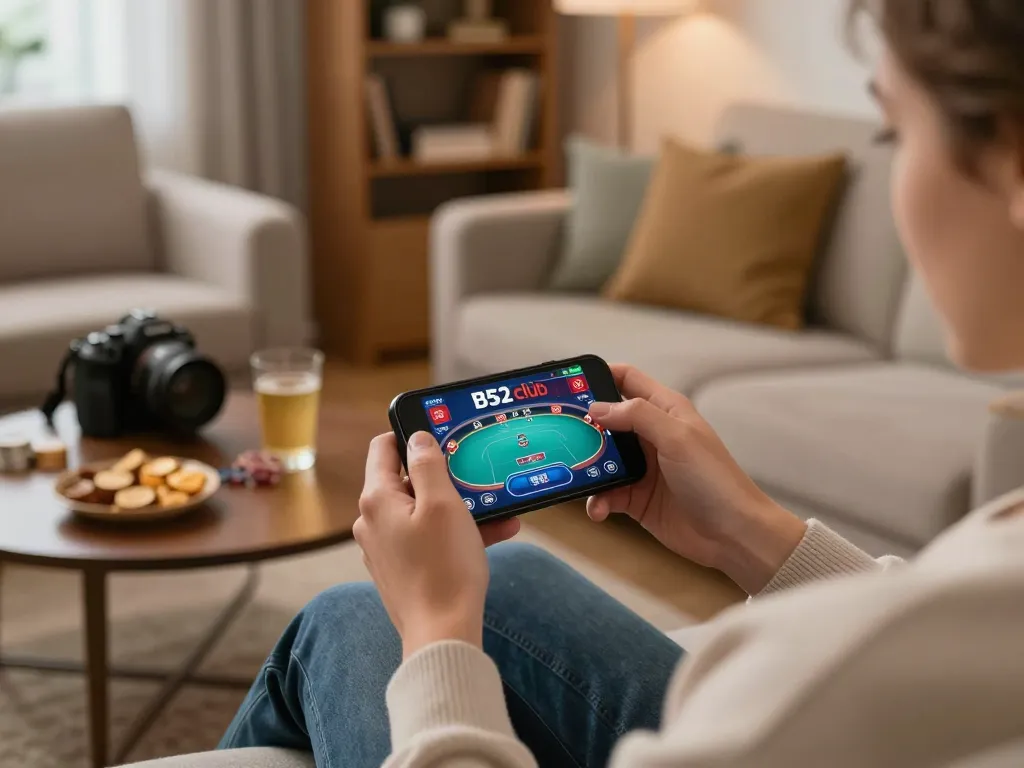 Người chơi tham gia tận hưởng một trò chơi poker tại câu lạc bộ B52 trên điện thoại thông minh trong một phòng khách ấm cúng
