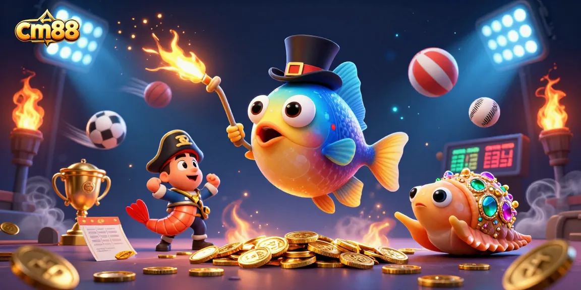 Spin and win with cm88 at this vibrant underwater casino scene featuring gold coins and sports elements.