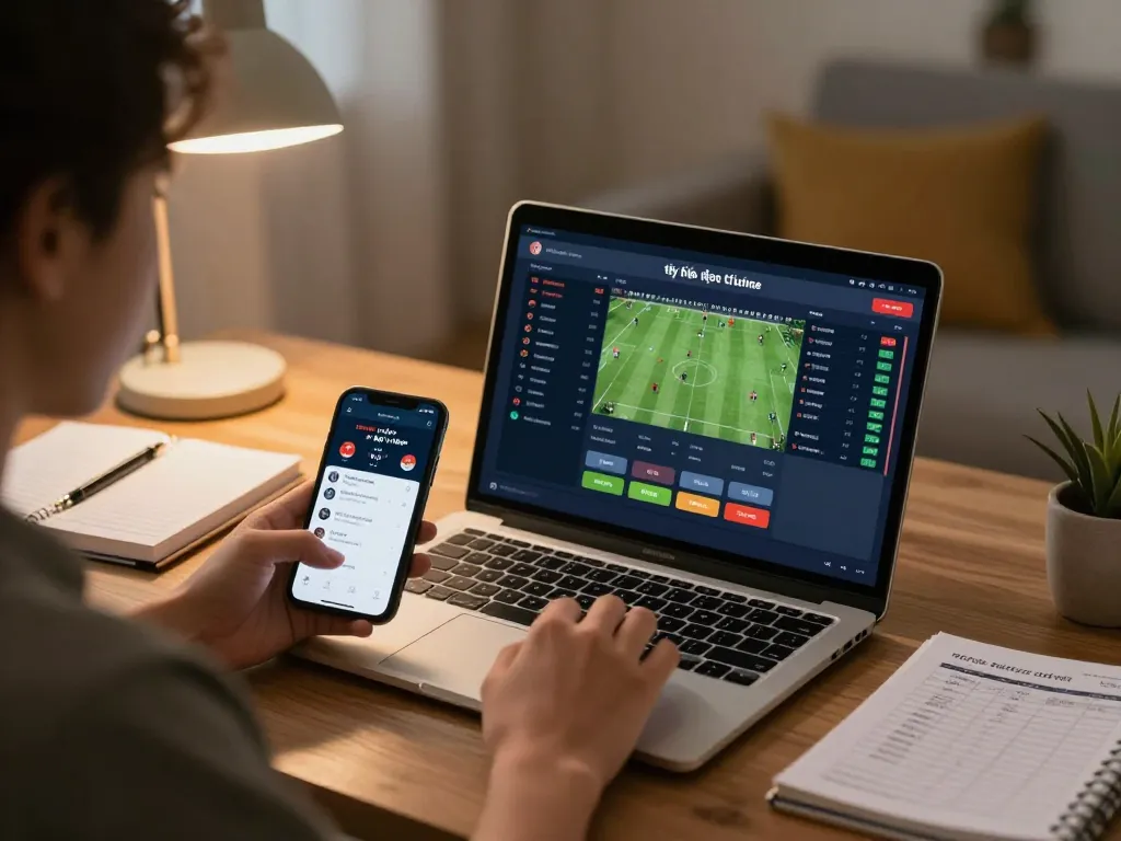 Engaging online sports betting session analyzing tỷ lệ kèo trực tuyến on laptop with cozy home office background.