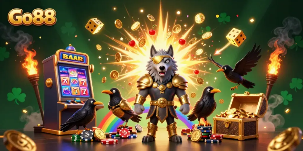Experience the thrill of Go88 with an explosive casino-themed illustration showcasing exciting game elements and rich detail.