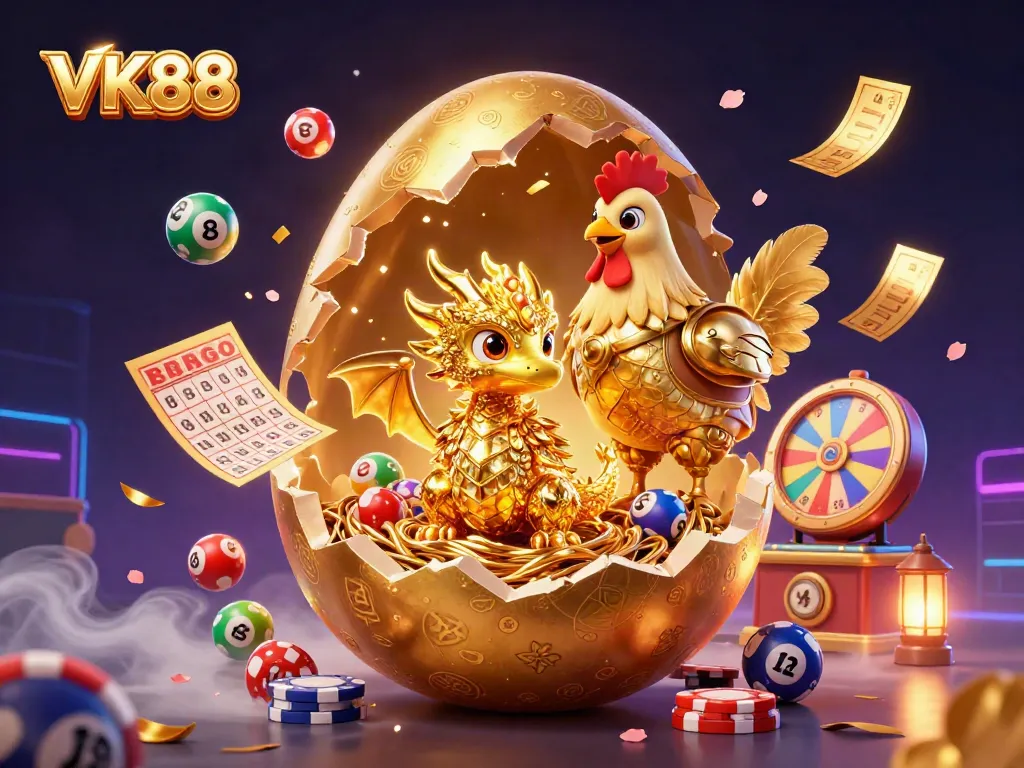 Engage in thrilling VK88 gambling fun with a golden dragon on poker chips amidst colorful game elements.