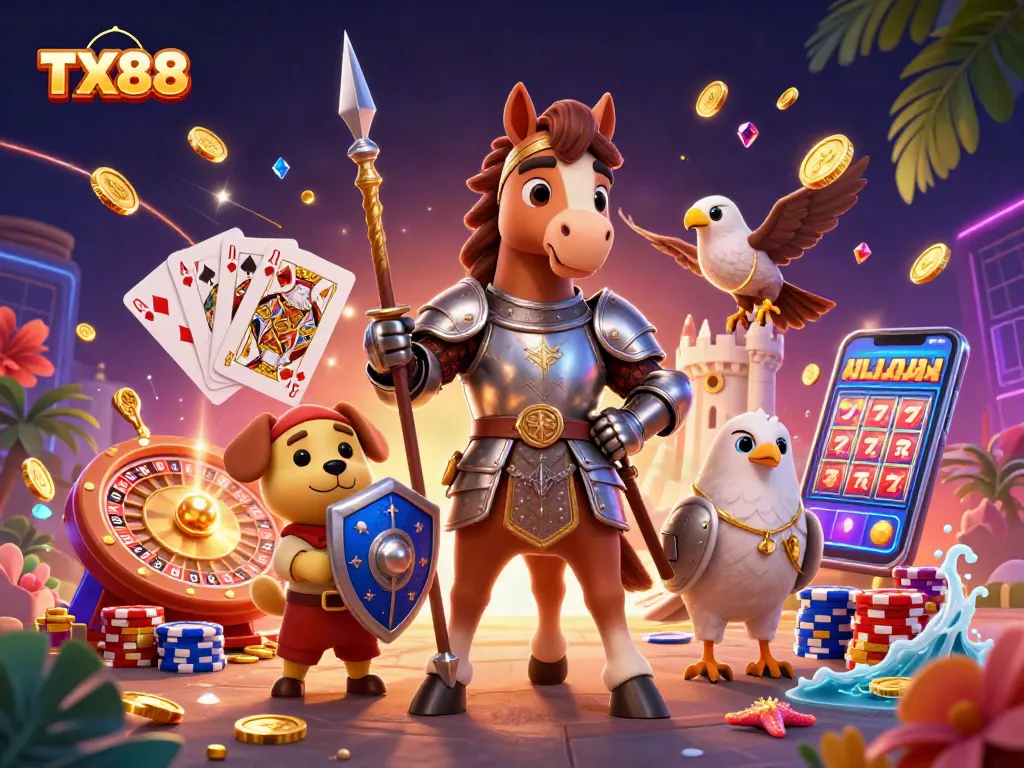 Experience the excitement of TX88 with vibrant casino elements featuring spinning roulette and winning cards.