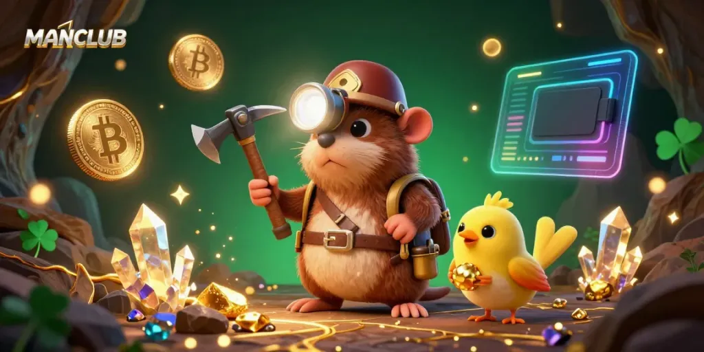 MANCLUB's cartoon treasure hunter mole explores a dazzling cave of treasures and cryptocurrencies.