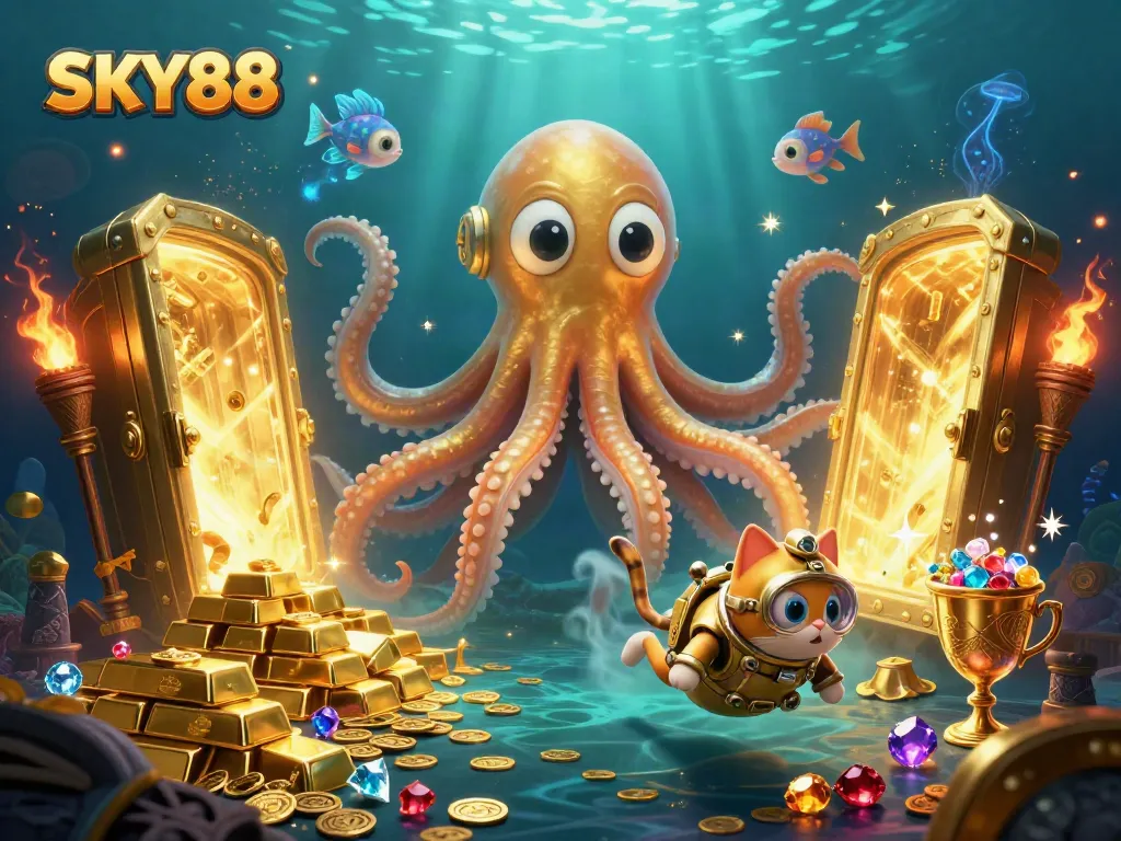 Experience thrilling entertainment at SKY88 with vibrant 3D visuals showcasing a kraken and diving cat exploring treasures.