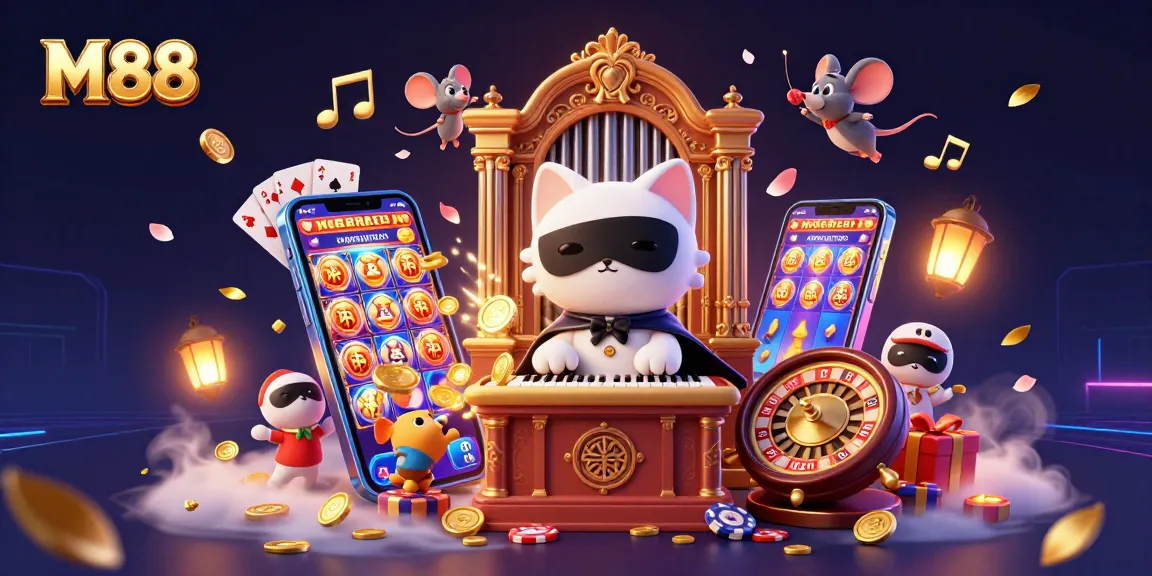 Join the excitement at M 88 with dynamic 3D decor showcasing casino action and gameplay.