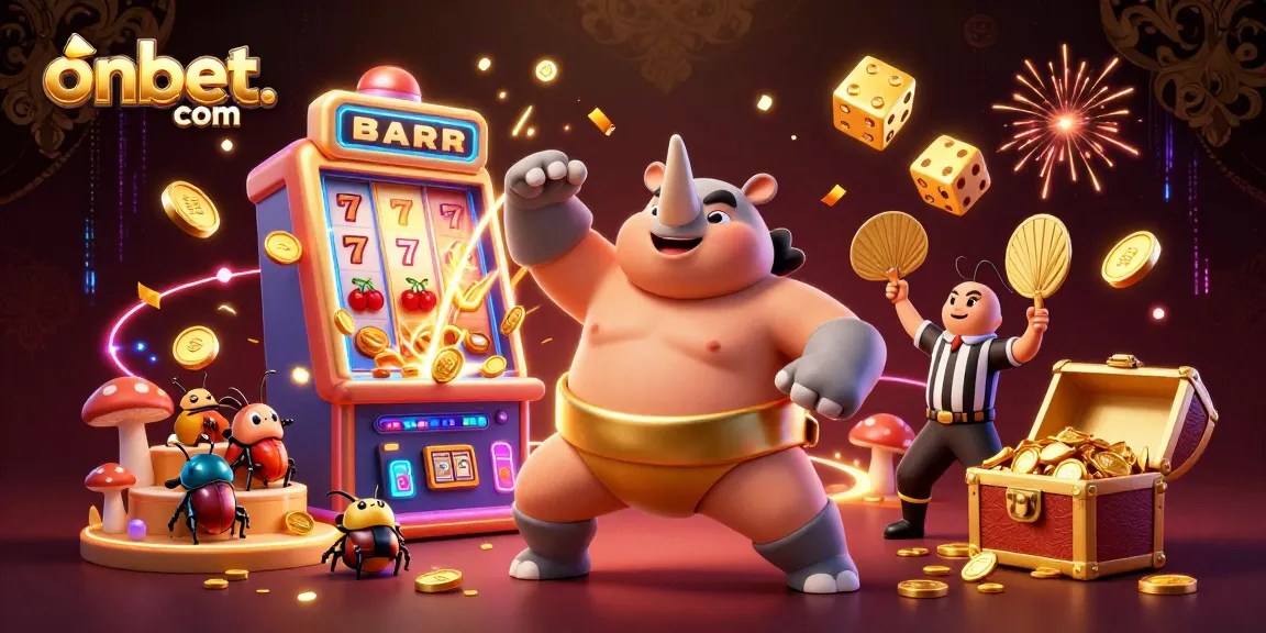 Triumphant beetle champion celebrates onbet. com with flying gold coins and casino symbols in vibrant illustration.