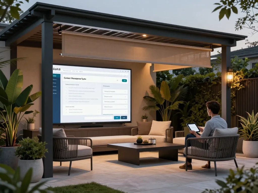 Gestire le funzionalità della pergola con un CMS in uno spazio moderno per esterni.