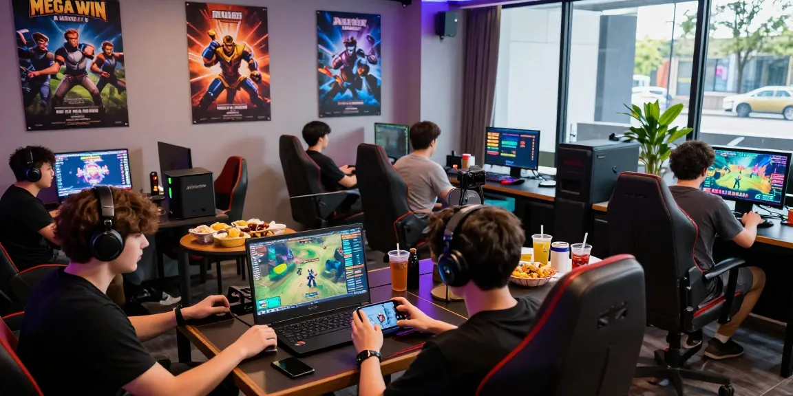 Komunitas gaming Mega Win aktif dengan pemain menggunakan berbagai perangkat untuk bermain di lingkungan digital yang stylish.