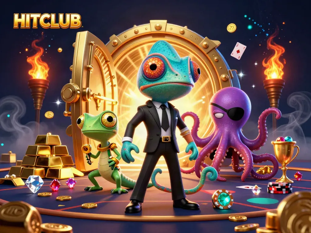 Engage in HITCLUB's vibrant casino world with lively gambling characters and stunning treasure effects.