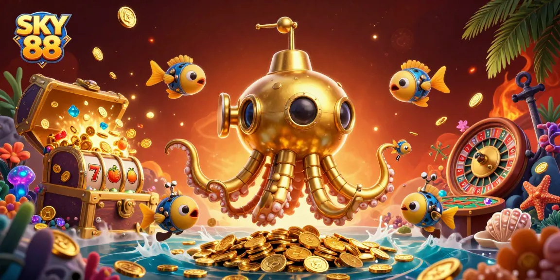 Engage with thrilling SKY 88 gameplay, featuring a golden kraken submarine and dazzling casino elements.