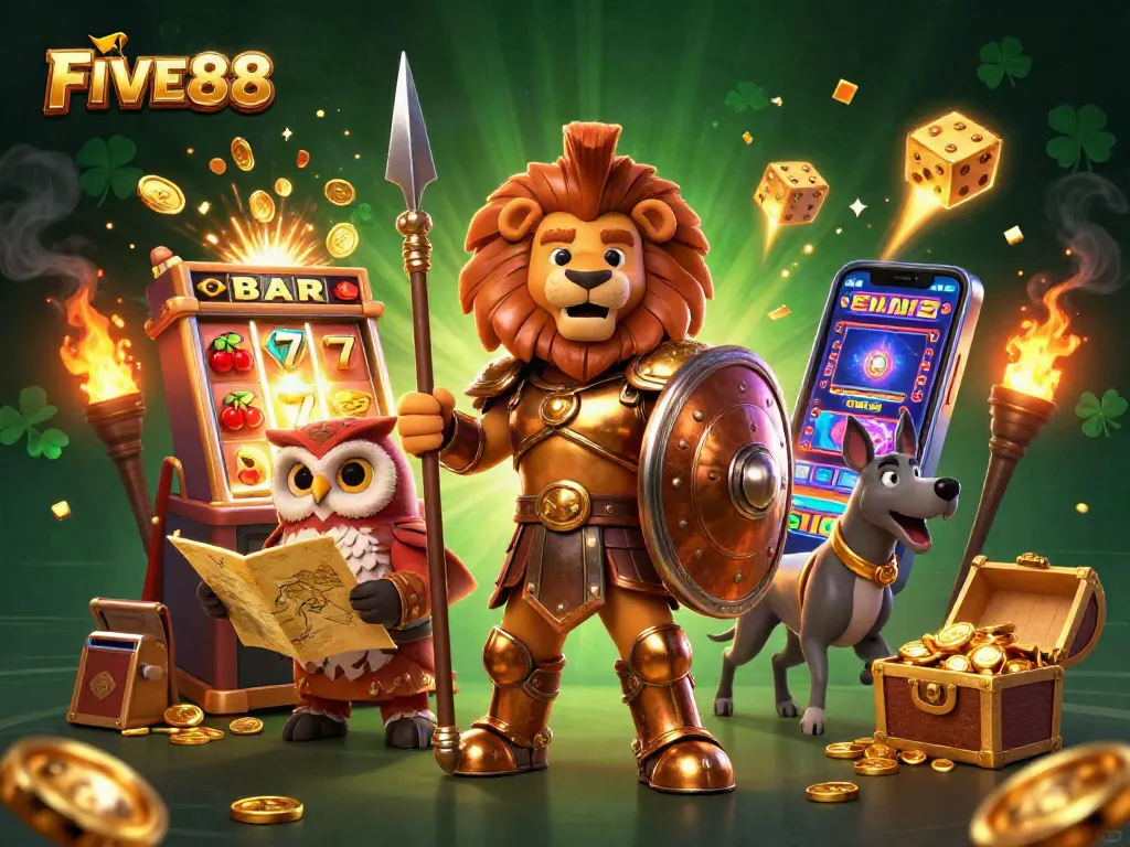Experience the excitement of FIVE88 with a vibrant 3D casino scene featuring heroes and games.