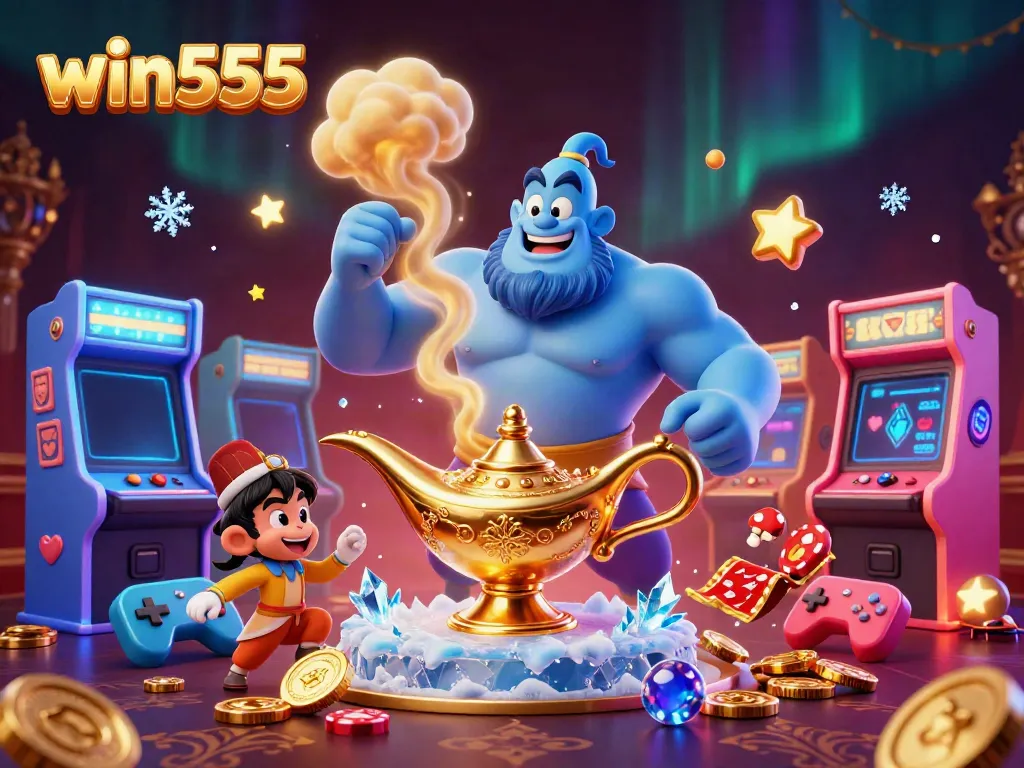 Place your bets with win555 at this vibrant casino-themed 3D illustration featuring dynamic characters and game elements.